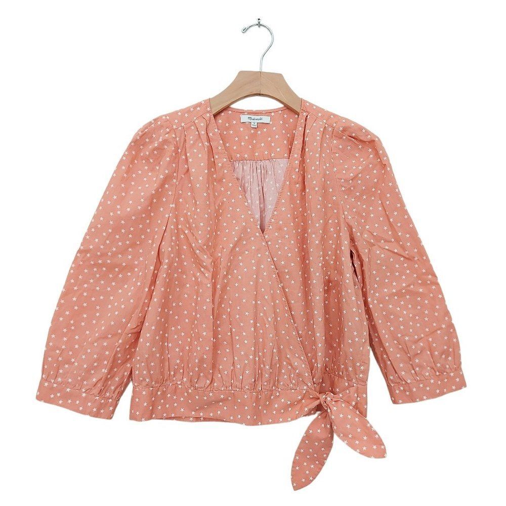 Madewell Wrap Blouse Womens Medium Peach Tie Front 3/4 Sleeve V-Neck Stars Boho